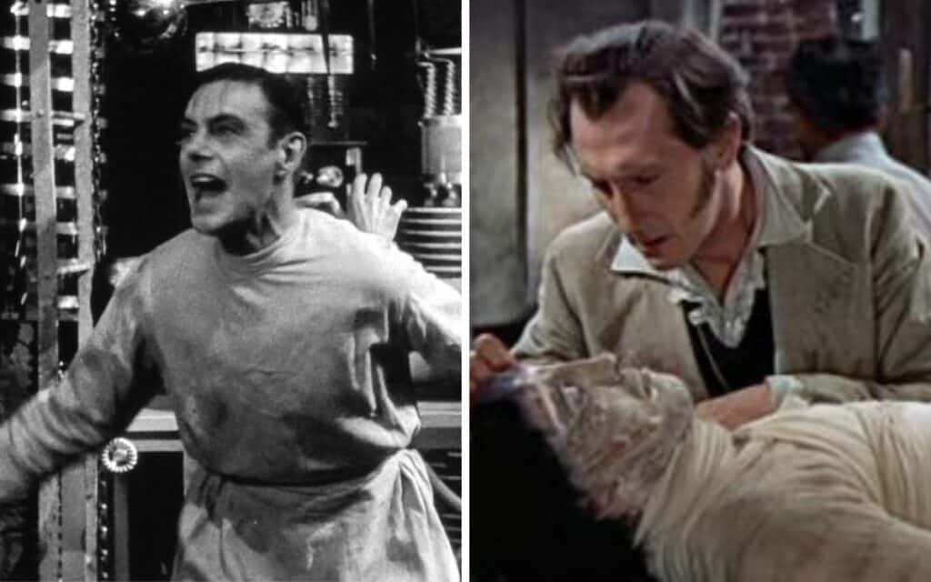 Universal's Frankenstein 1931 versus Hammer's The Curse of Frankenstein 1957, with Colin Clive and Peter Cushing (looking down on Christopher Lee) respectively