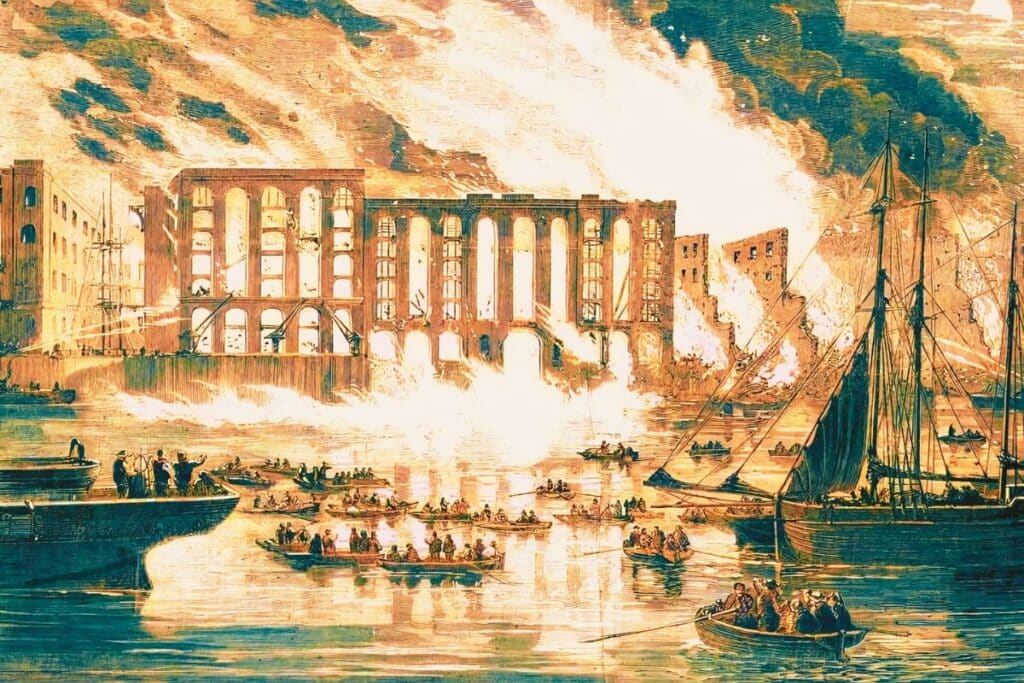 Scene of the Great Fire of Southwark of 1212 near Cotton's Wharf.