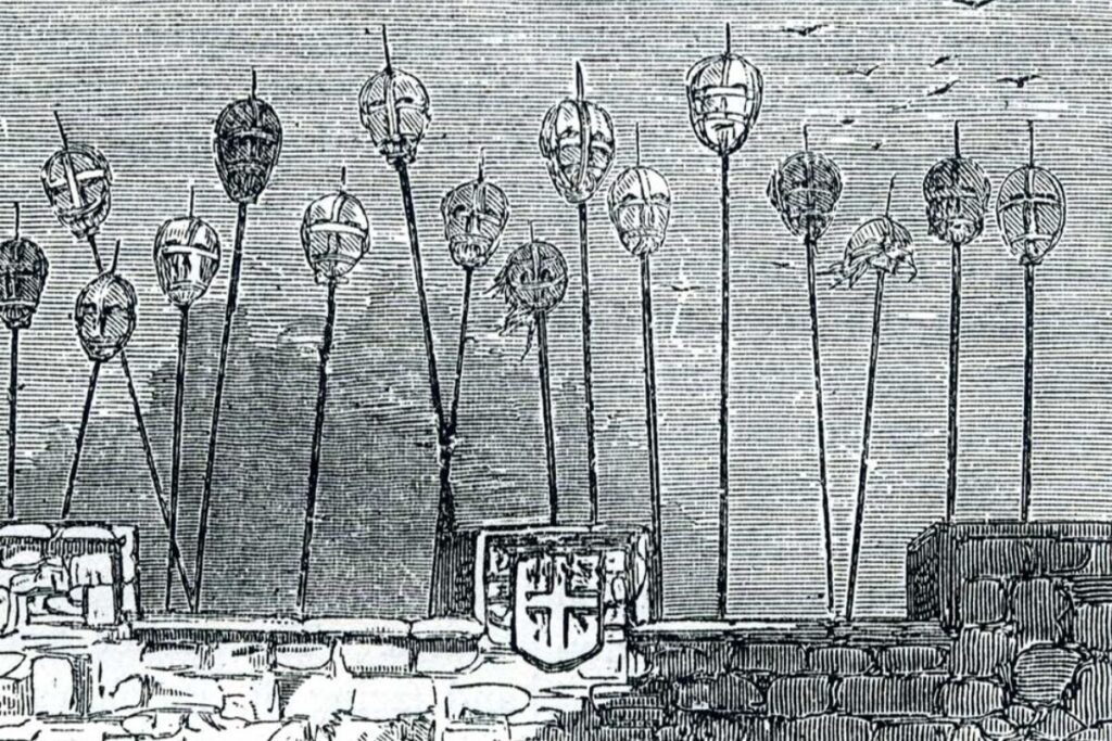 Heads on spikes along London Bridge. The Keeper of the Heads was responsible for this gruesome display.