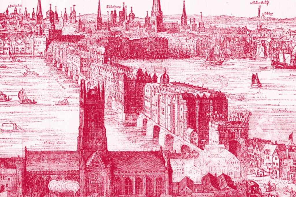 An old etching showing London Bridge.