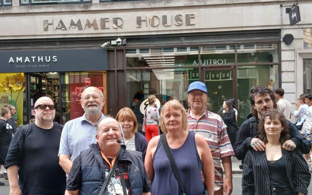 David Turnbull leads his A History of Horror Guided Walk in front of Hammer House in Wardour Street, London.