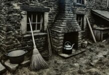 a broom and kettle outside of a stone building