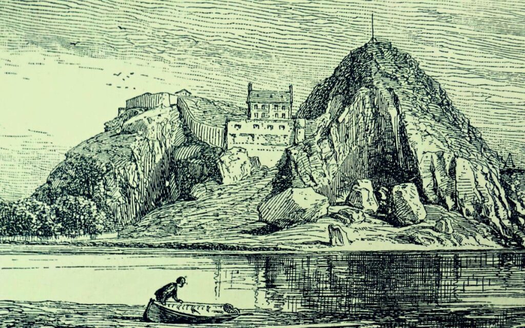 An old etching displaying Dumbarton Castle in Scotland.