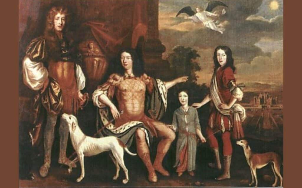 Glamis Castle is the seat of the Earls of Strathmore. Here is a painting by Jacob de Wet in 1683, of The 3rd Earl of Strathmore and Kinghorne and his sons John (later 4th Earl), Charles and Patrick Lyon of Aucterhouse, MP.